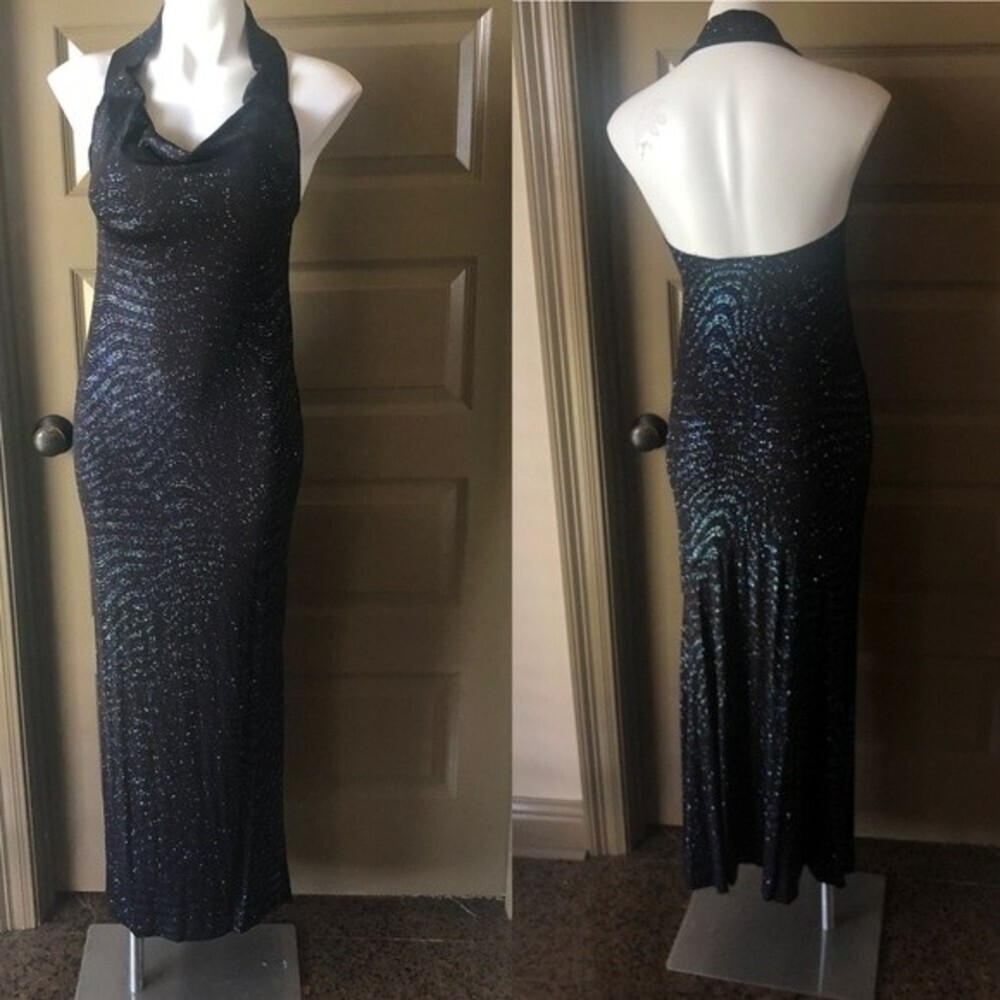 Jessica McClintock Gunne Sax || Rhinestone Halter Neck Chiffon Maxi Gown Black
